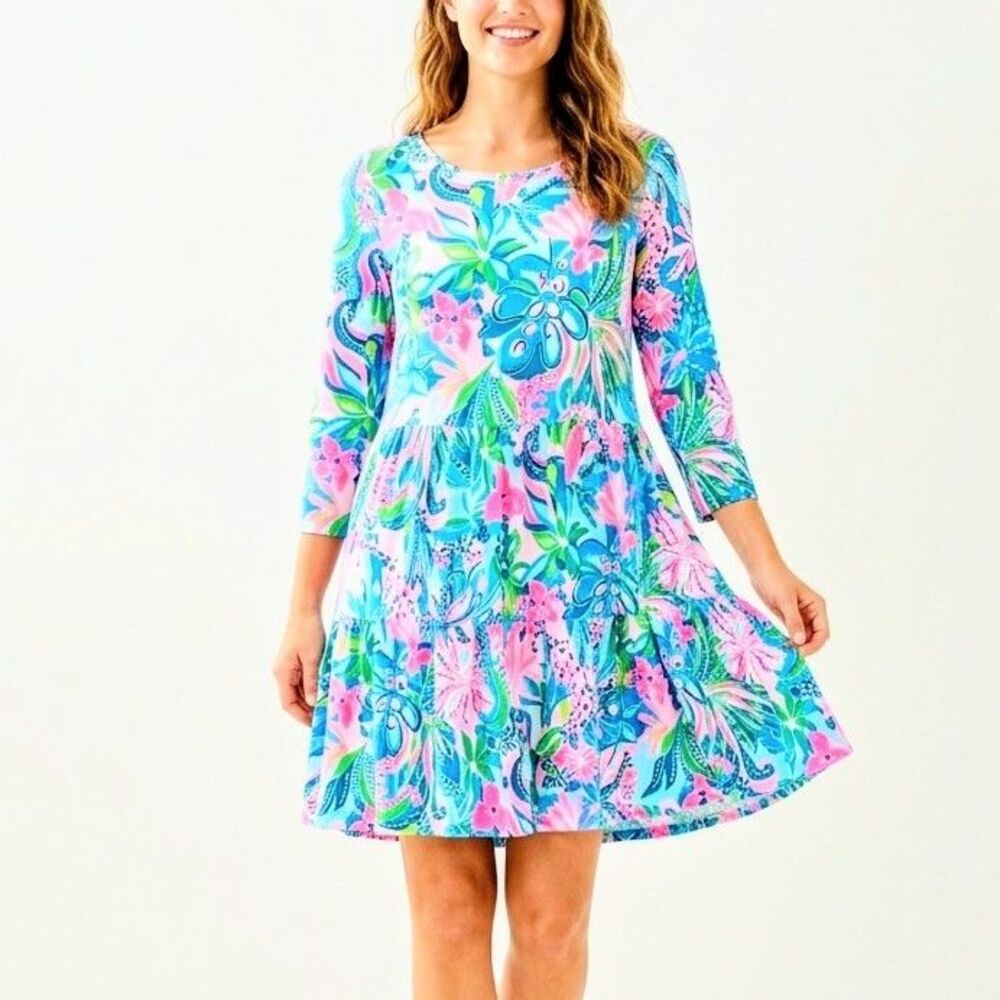 LILLY PULITZER Dress Geanna Tiered "Porto Blue You've Been Spotted" Women Large